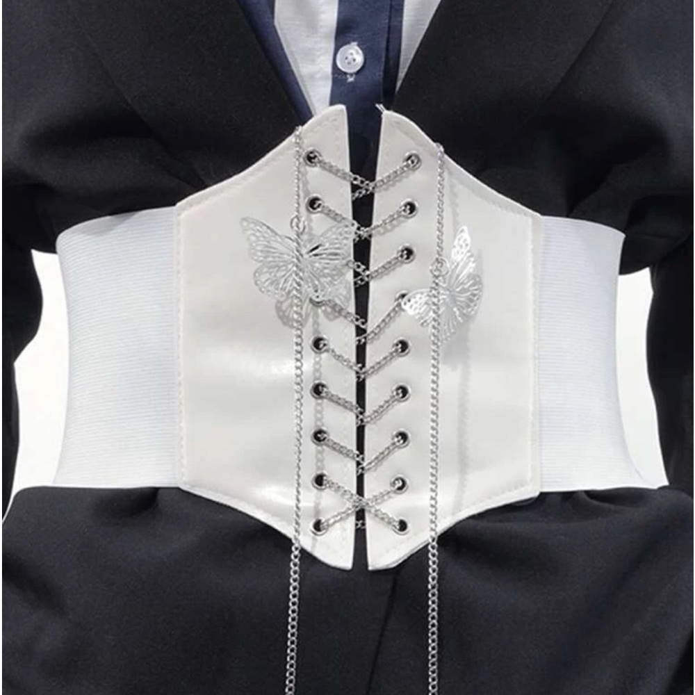 White Leather Chain Butterfly Corset Belt